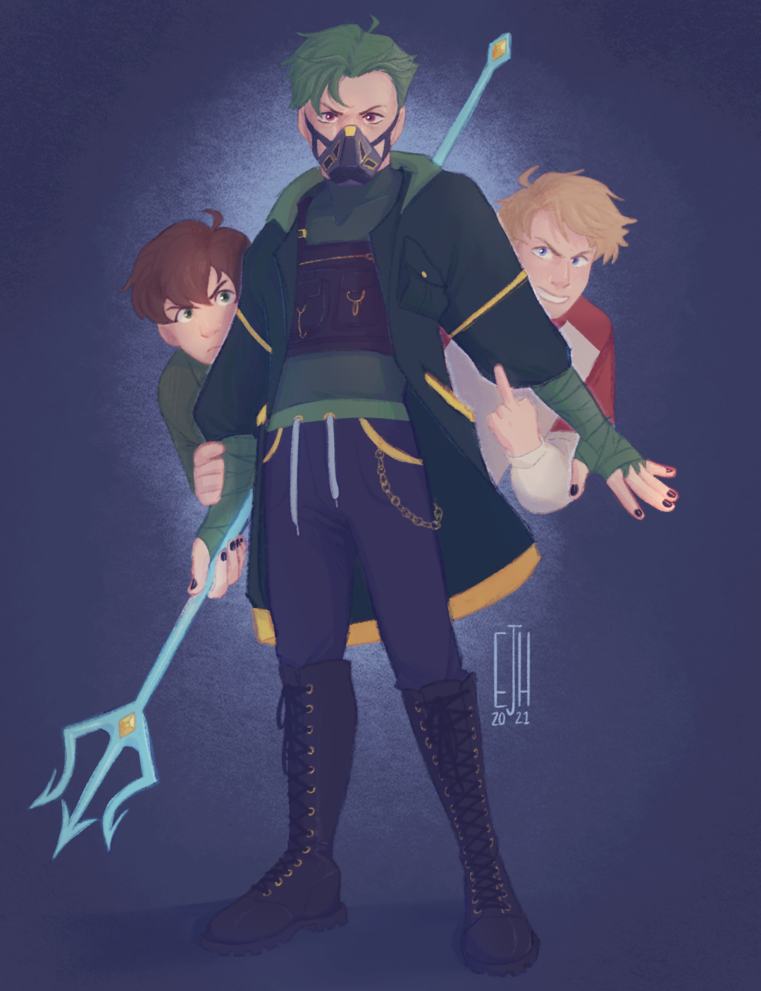 A drawing of Sam with his trident, standing protectively in front of Tommy and Tubbo as they glance around him scared.